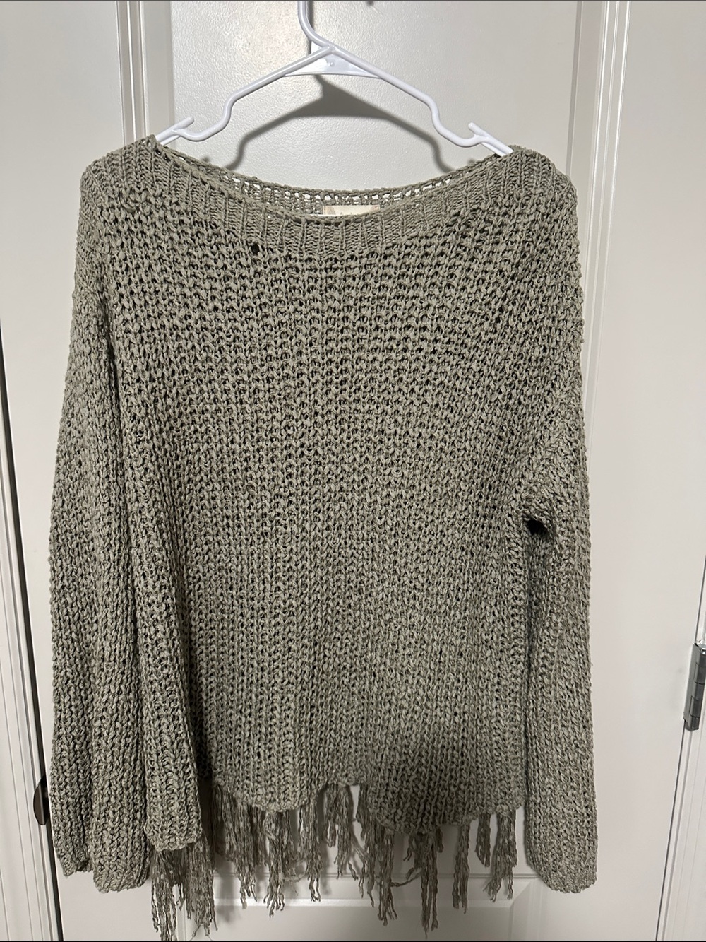 Altar'd State Sage Open-Knit Fringe Crew Sweater